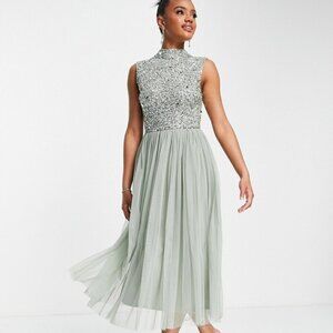Beauut Embellished Midi Dress With Full Tulle Skirt In Sage-Green 6